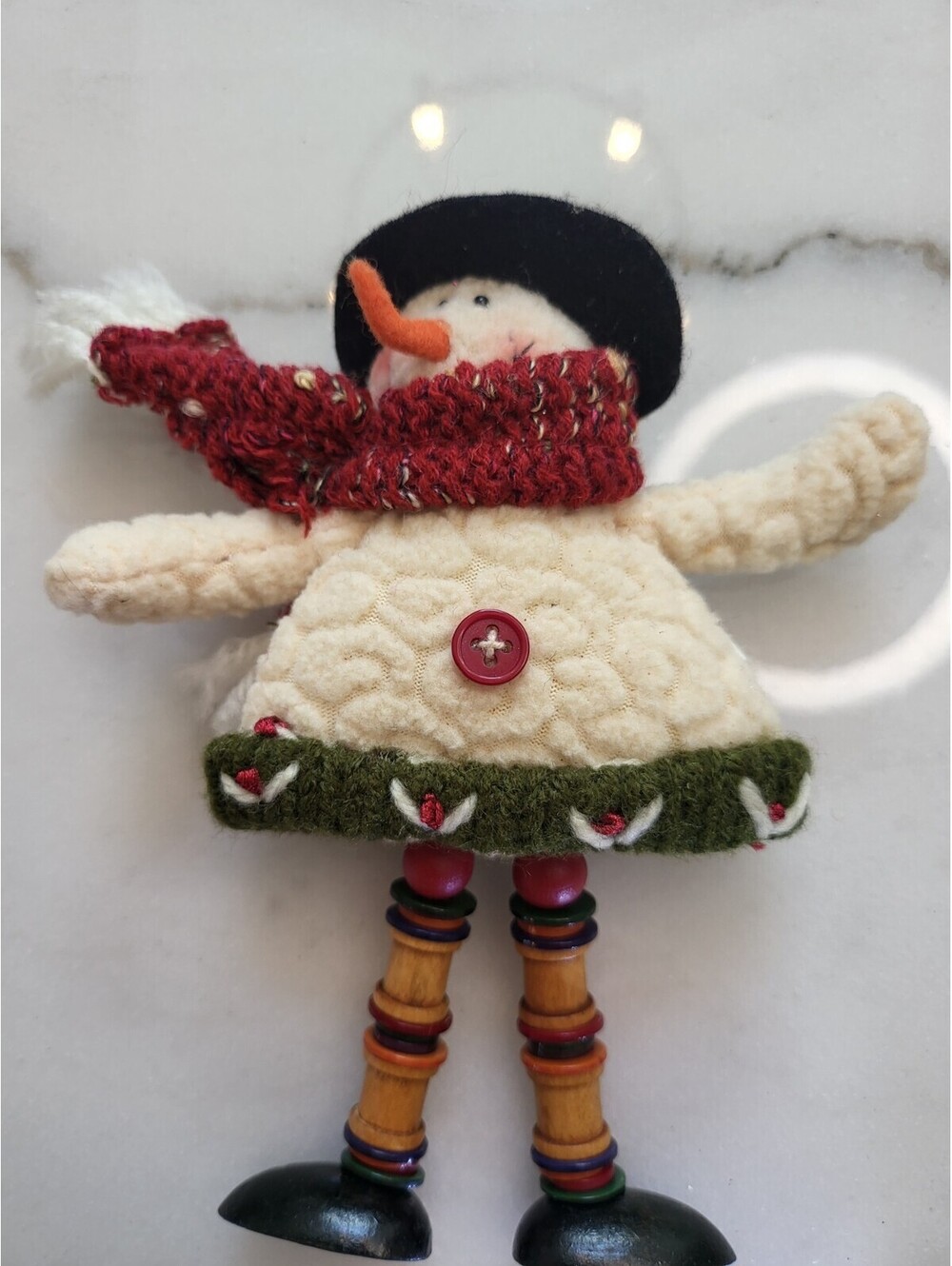 Vtg Christmas Ornament Snowman Cloth W Button Legs Unique EUC 3D # A97